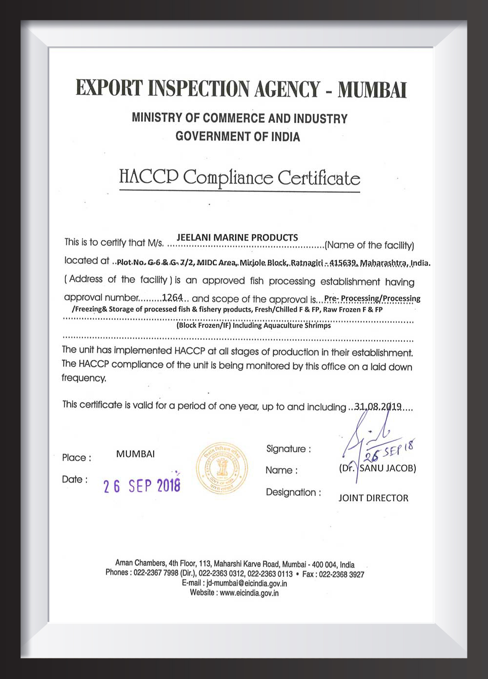 HACCP Compliance Certificate